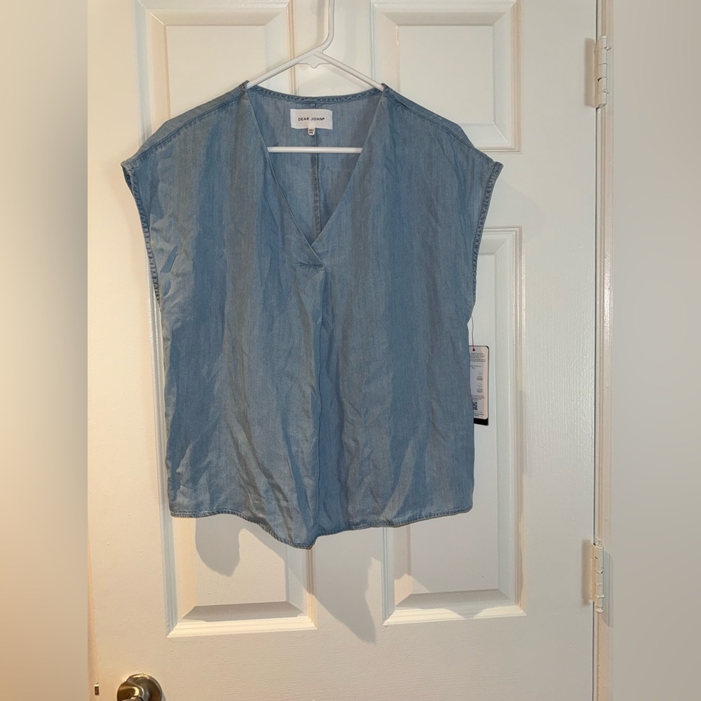 NWT Dear John Kristen Denim Loose Boxy Fit Short Sleeve V-Neck Blouse XS - Picture 5 of 10